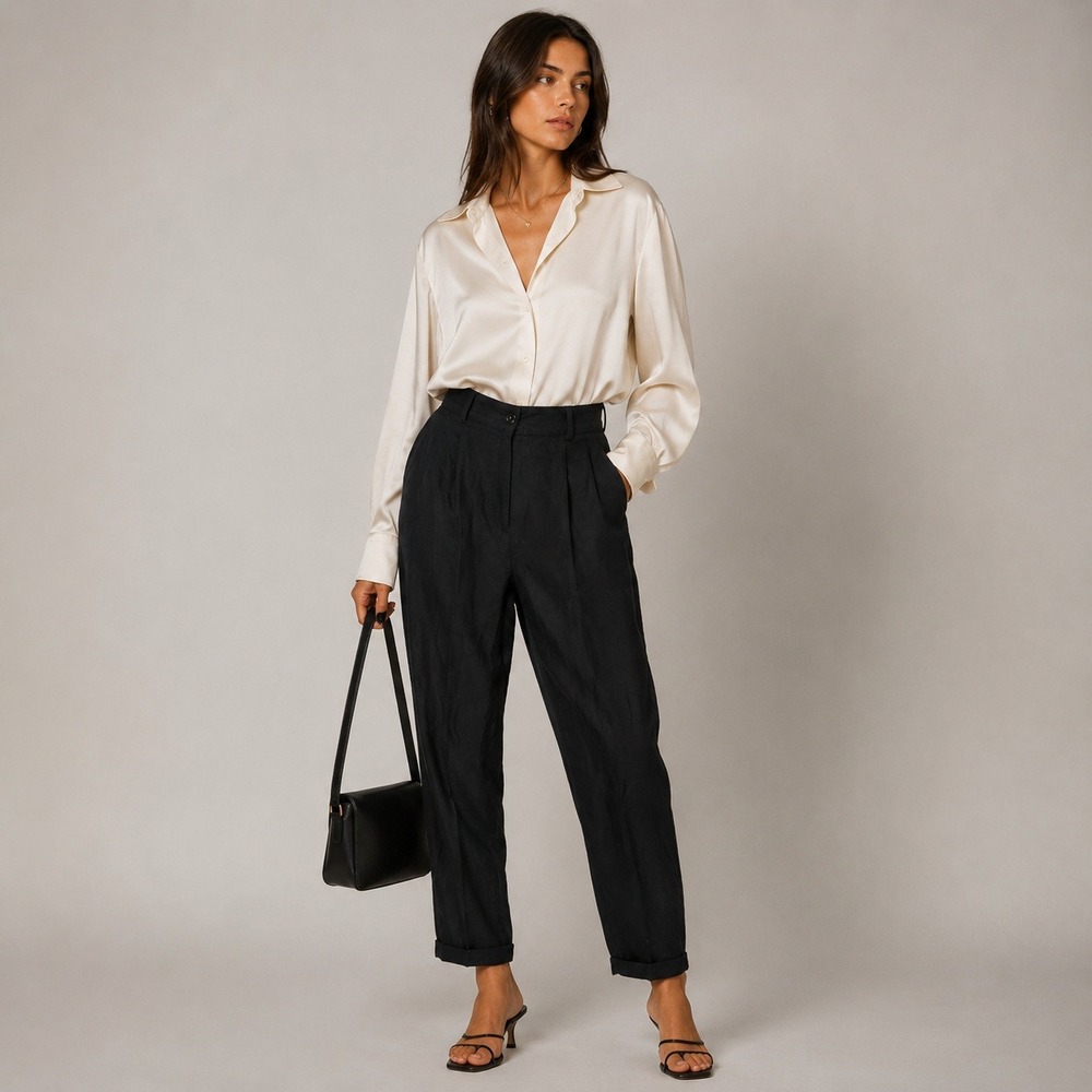 Christie & Jill Vintage 100% Silk Black Pleated High Rise Tapered Pants Large